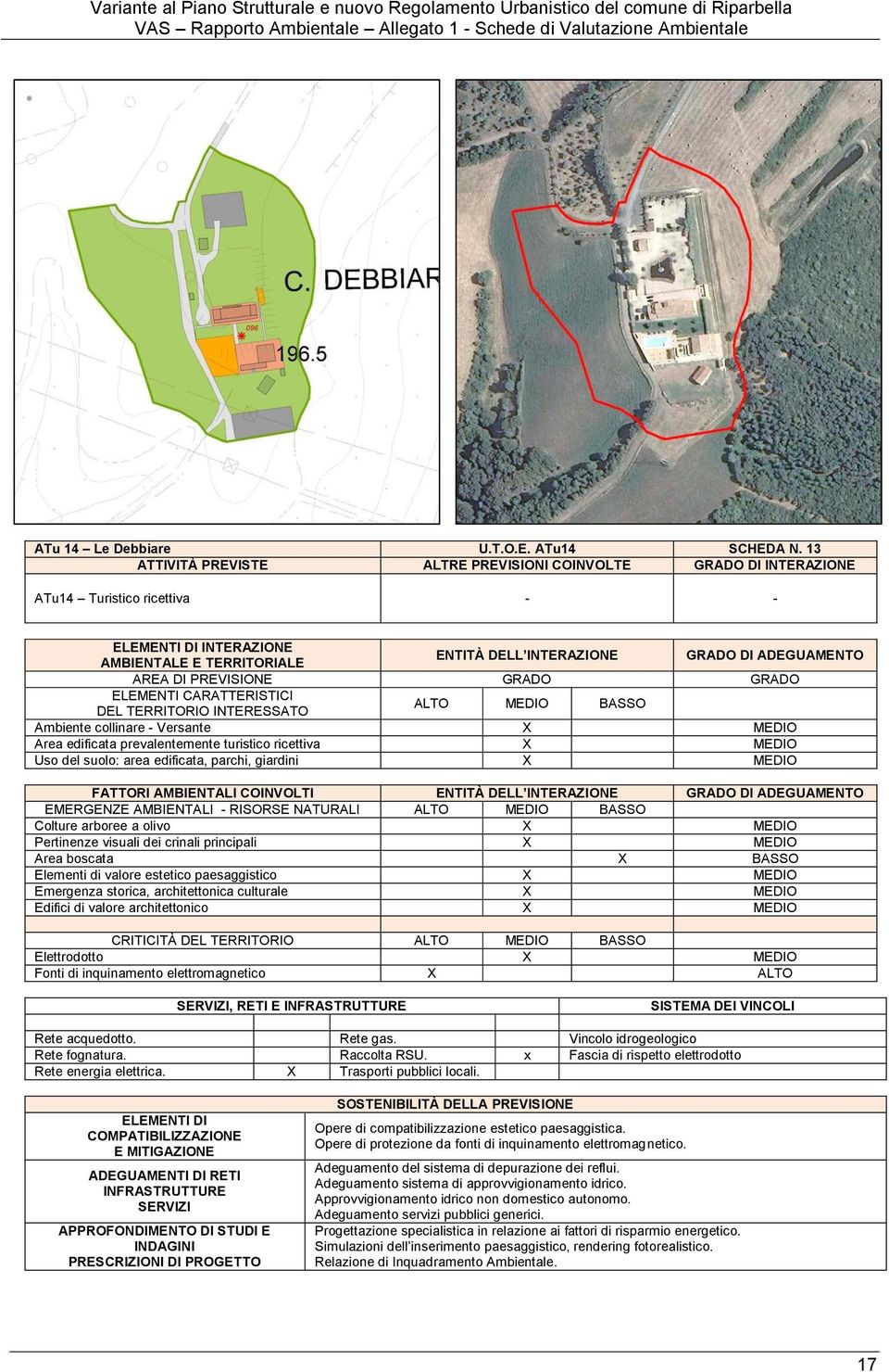 FATTORI AMBIENTALI COINVOLTI Colture arboree a olivo X MEDIO Pertinenze visuali dei crinali principali X MEDIO Area boscata X BASSO Elementi di valore estetico paesaggistico X MEDIO Emergenza