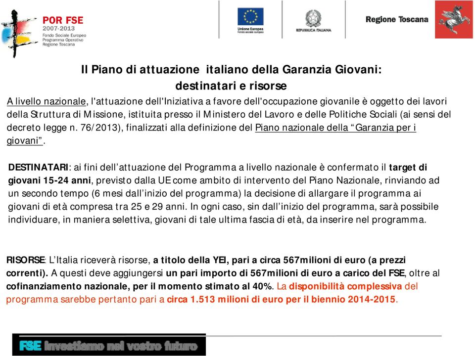 76/2013), finalizzati alla definizione del Piano nazionale della Garanzia per i giovani.