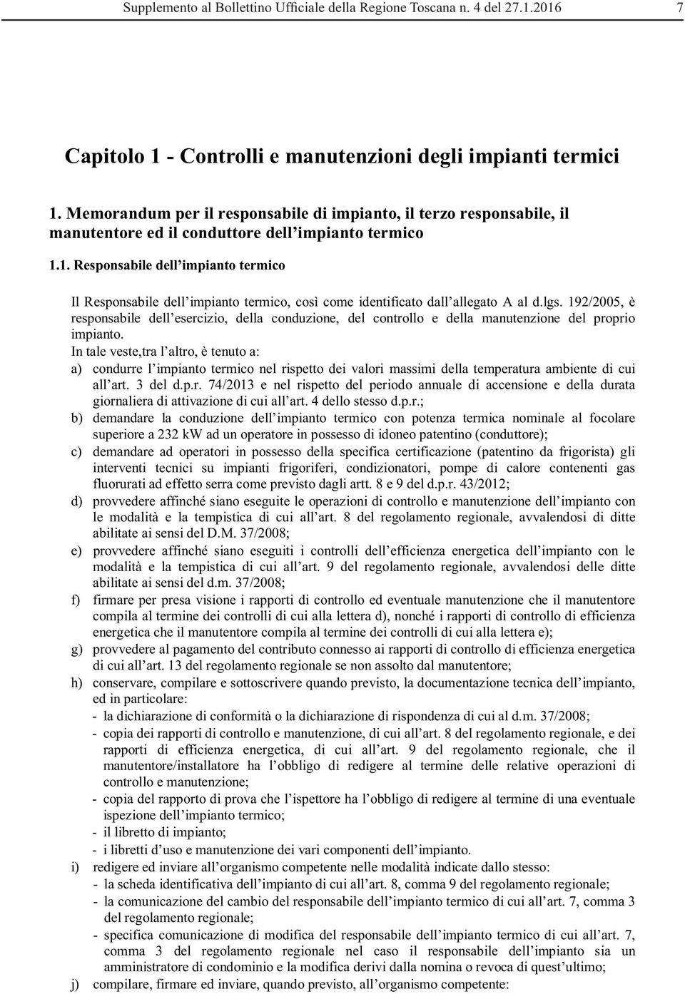 Memorandum per il responsabile di impianto, il terzo responsabile, il