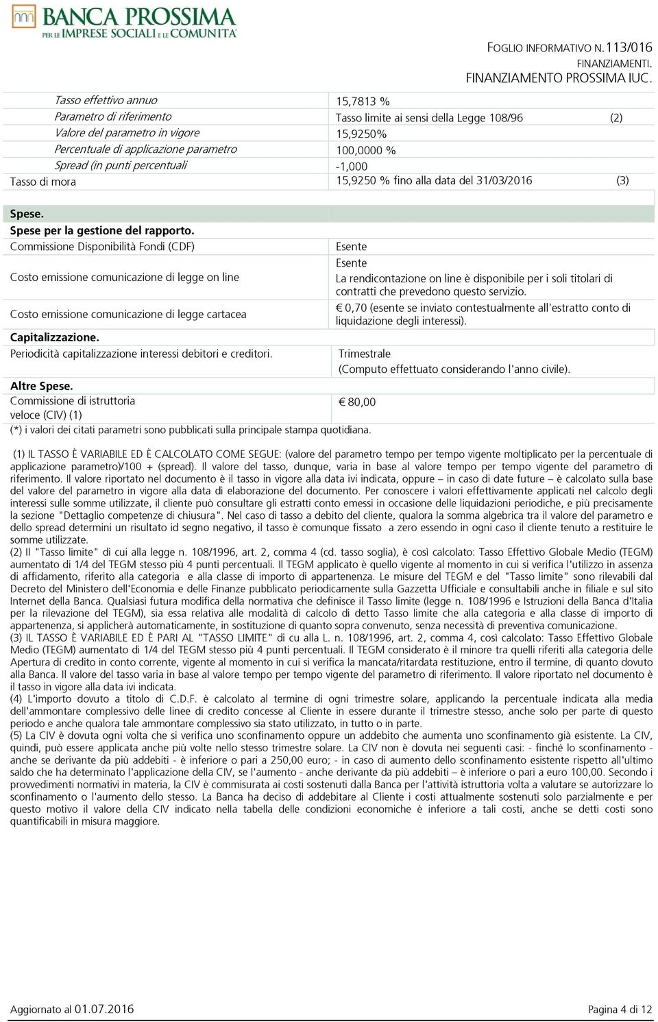 Spread (in punti percentuali -1,000 Tasso di mora 15,9250 % fino alla data del 31/03/2016 (3) Spese. Spese per la gestione del rapporto.