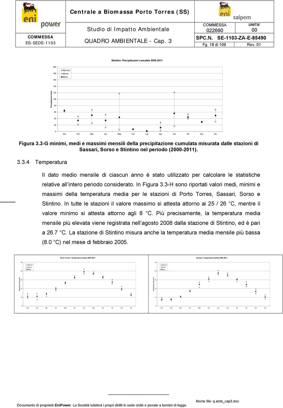 In Figura 3.3-H sono riportati valori medi, minimi e massimi della temperatura media per le stazioni di Porto Torres, Sassari, Sorso e Stintino.