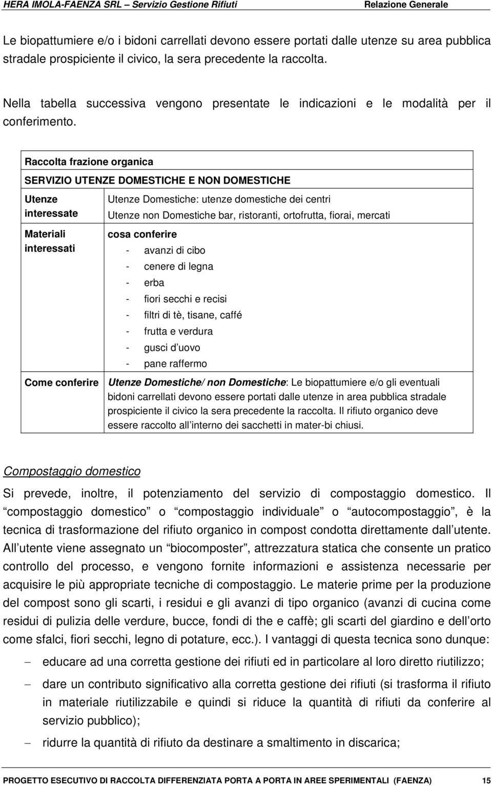 Raccolta frazione organica SERVIZIO UTENZE DOMESTICHE E NON DOMESTICHE Utenze interessate Materiali interessati Utenze Domestiche: utenze domestiche dei centri Utenze non Domestiche bar, ristoranti,