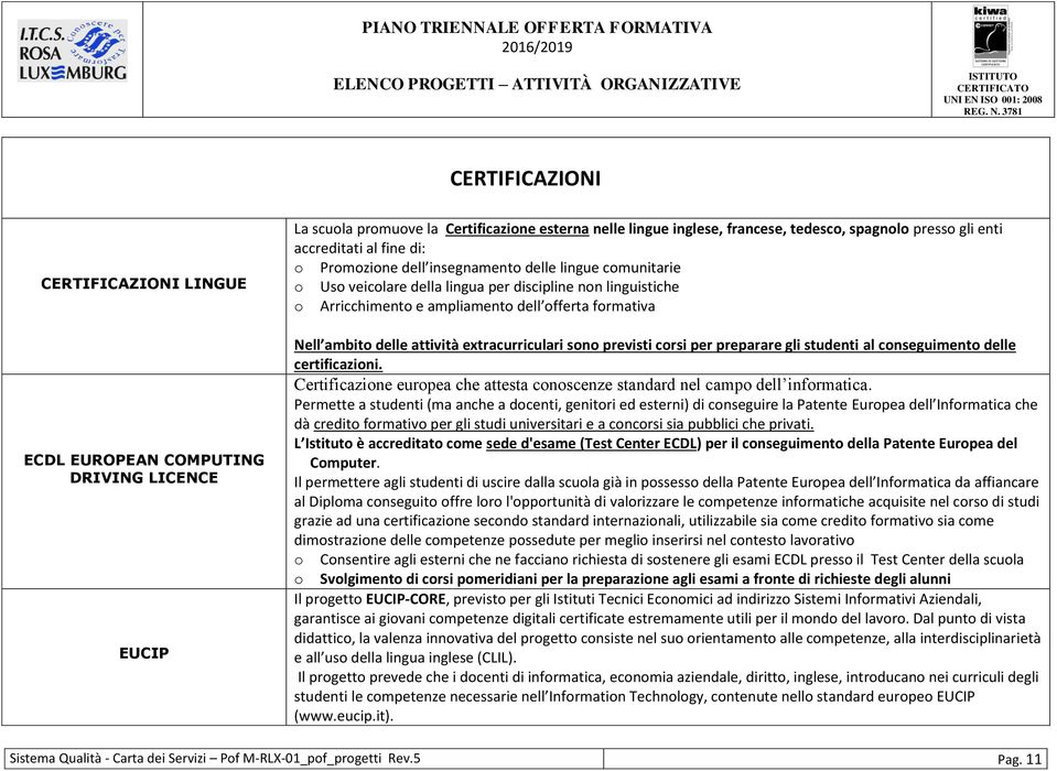 extracurriculari sn previsti crsi per preparare gli studenti al cnseguiment delle certificazini. Certificazine eurpea che attesta cnscenze standard nel camp dell infrmatica.