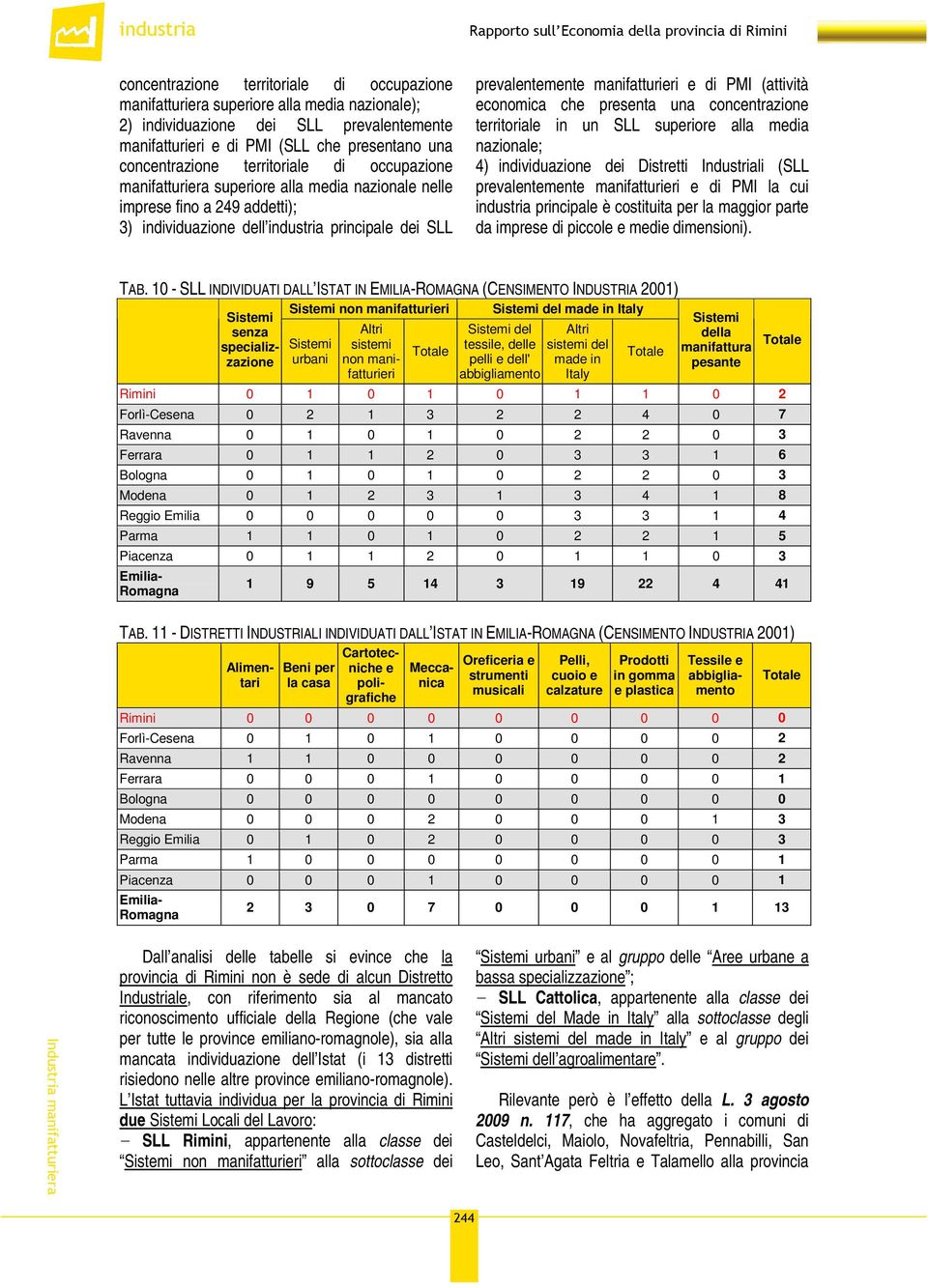 industria principale dei SLL prevalentemente manifatturieri e di PMI (attività economica che presenta una concentrazione territoriale in un SLL superiore alla media nazionale; 4) individuazione dei