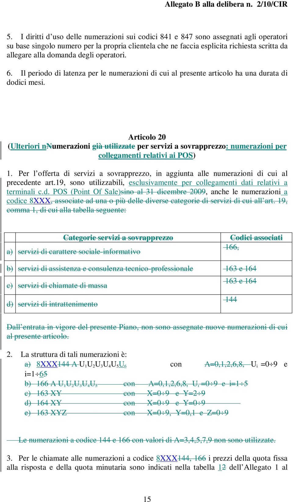 Articolo 20 (Ulteriori nnumerazioni già utilizzate per servizi a sovrapprezzo: numerazioni per collegamenti relativi ai POS) 1.