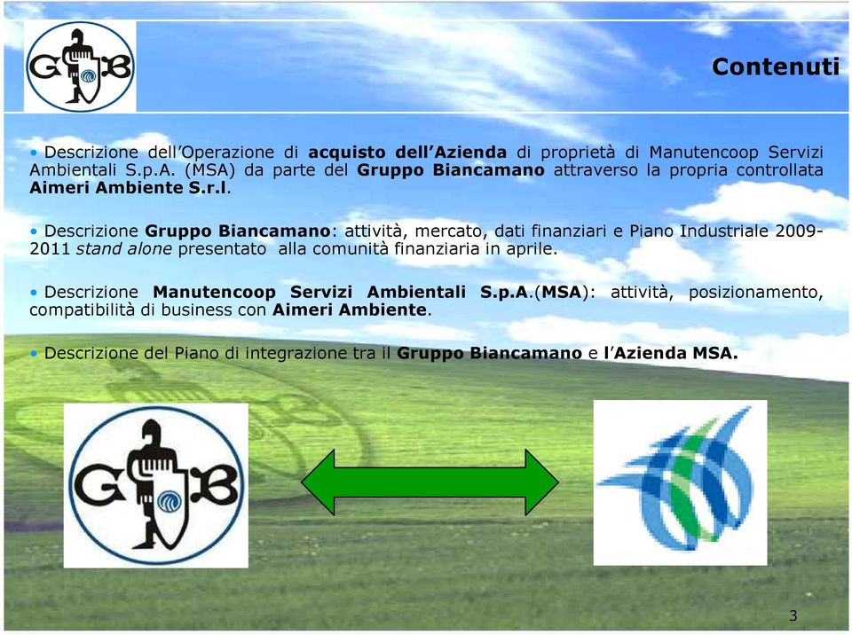 r.l. Descrizione Gruppo Biancamano: attività, mercato, dati finanziari e Piano Industriale 2009-2011 stand alone presentato alla comunità