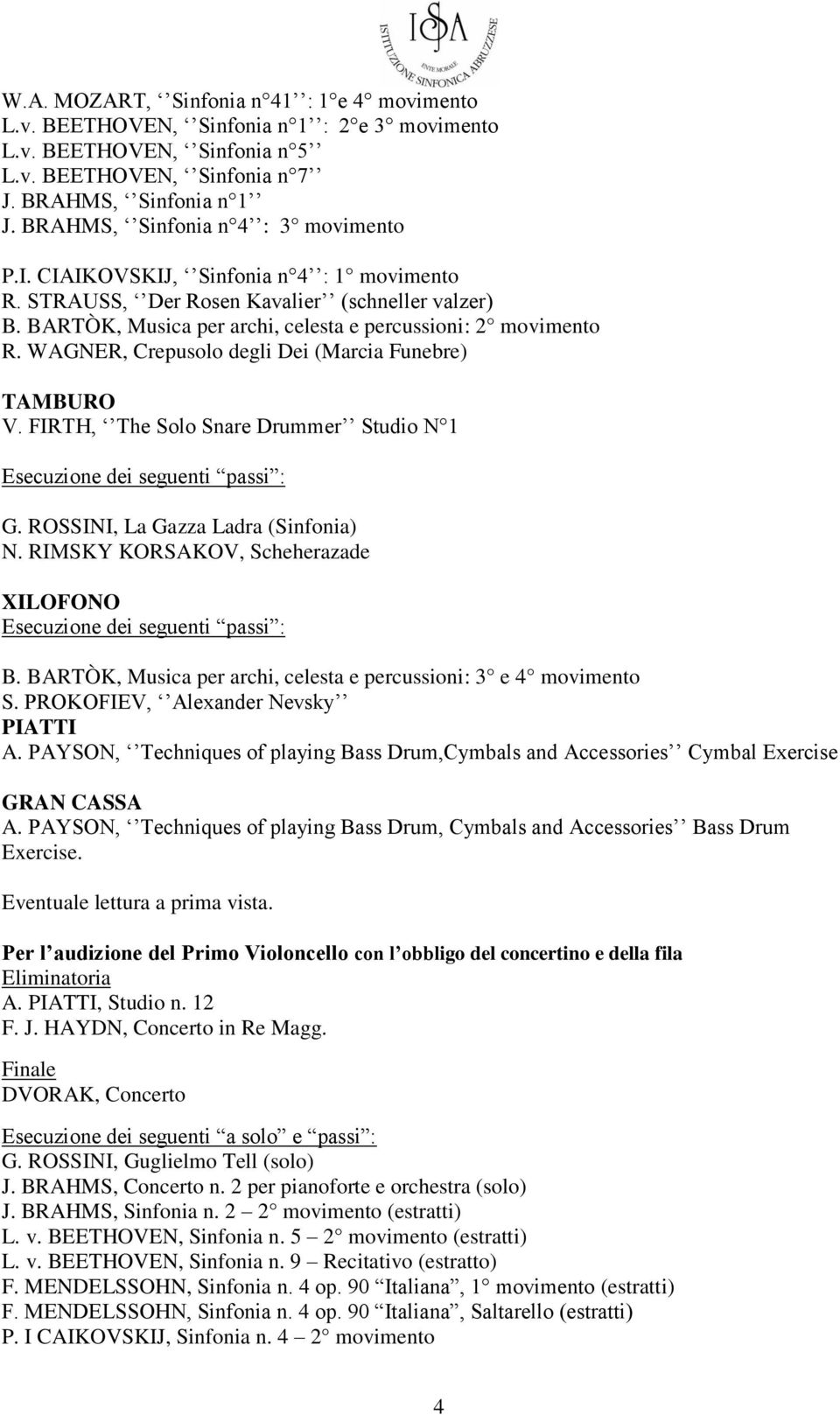 WAGNER, Crepusolo degli Dei (Marcia Funebre) TAMBURO V. FIRTH, The Solo Snare Drummer Studio N 1 G. ROSSINI, La Gazza Ladra (Sinfonia) N. RIMSKY KORSAKOV, Scheherazade XILOFONO B.