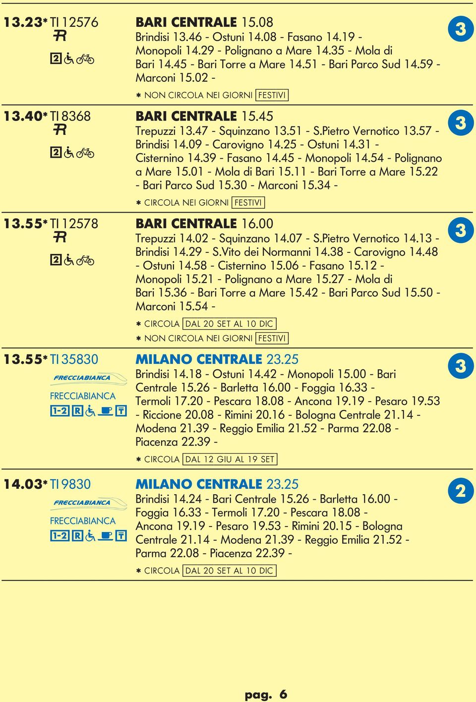 39 - Fasano 14.45 - Monopoli 14.54 - Polinano a Mare 15.01 - Mola di ari 15.11 - ari Torre a Mare 15.22 - ari Parco Sud 15.30 - Marconi 15.34 - * IROA NEI IORNI [festivi] 13.