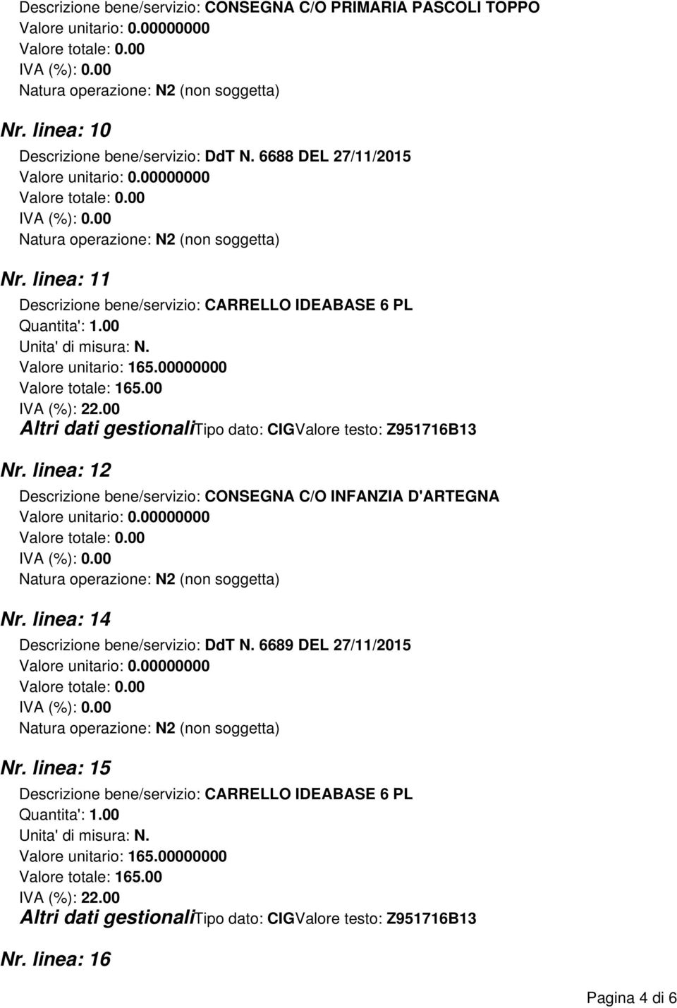 00 Valore totale: 165.00 Nr. linea: 12 Descrizione bene/servizio: CONSEGNA C/O INFANZIA D'ARTEGNA Nr.