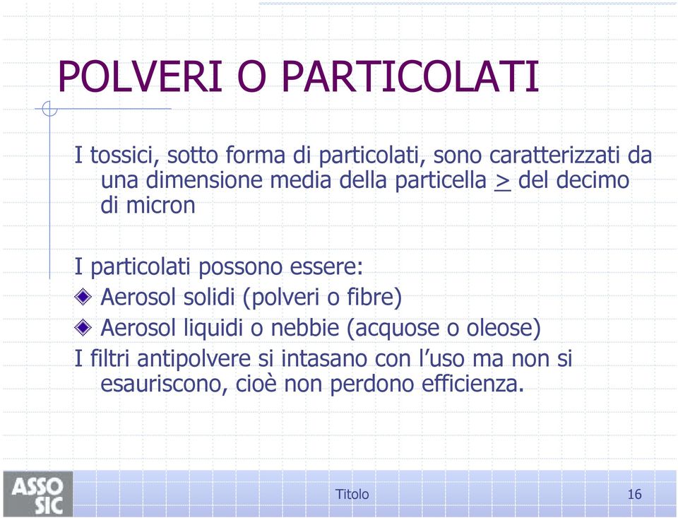 Aerosol solidi (polveri o fibre) Aerosol liquidi o nebbie (acquose o oleose) I filtri