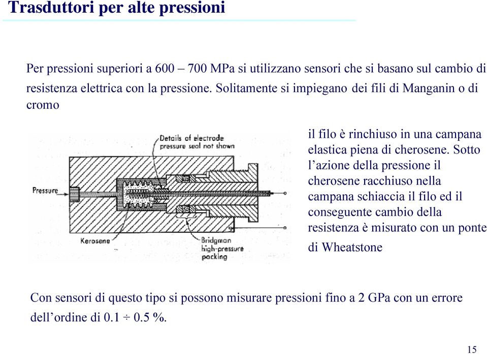 Sotto l azione della pressione il cherosene racchiuso nella campana schiaccia il filo ed il conseguente cambio della resistenza è misurato