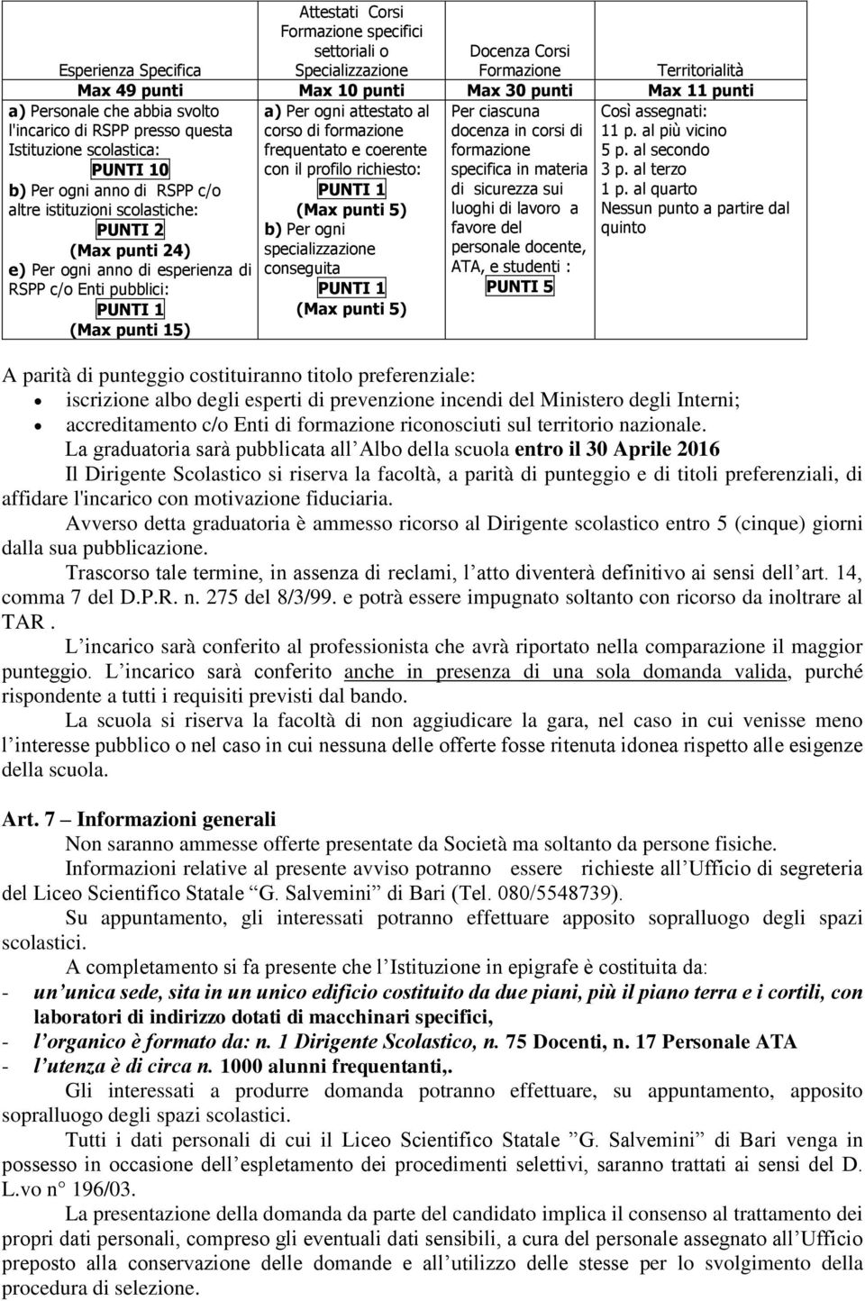 frequentato e coerente con il profilo richiesto: (Max punti 5) b) Per ogni specializzazione Per ciascuna docenza in corsi di formazione specifica in materia di sicurezza sui luoghi di lavoro a favore