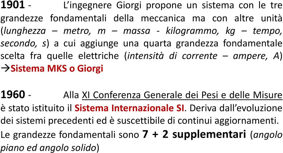 Sistema MKS o Giorgi 1960 - Alla XI Conferenza Generale dei Pesi e delle Misure è stato istituito il Sistema Internazionale SI.