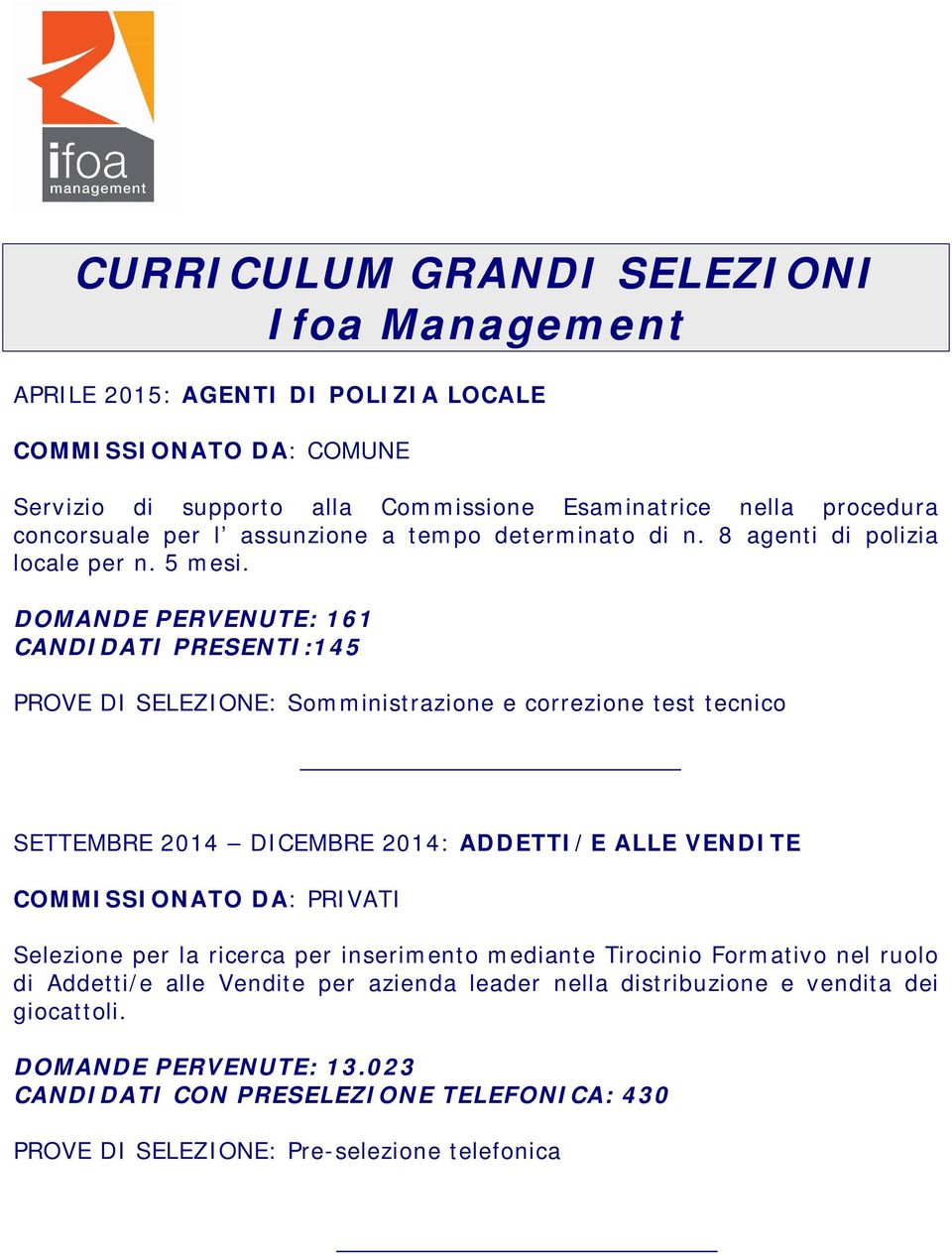 DOMANDE PERVENUTE: 161 CANDIDATI PRESENTI:145 PROVE DI SELEZIONE: Somministrazione e correzione test tecnico SETTEMBRE 2014 DICEMBRE