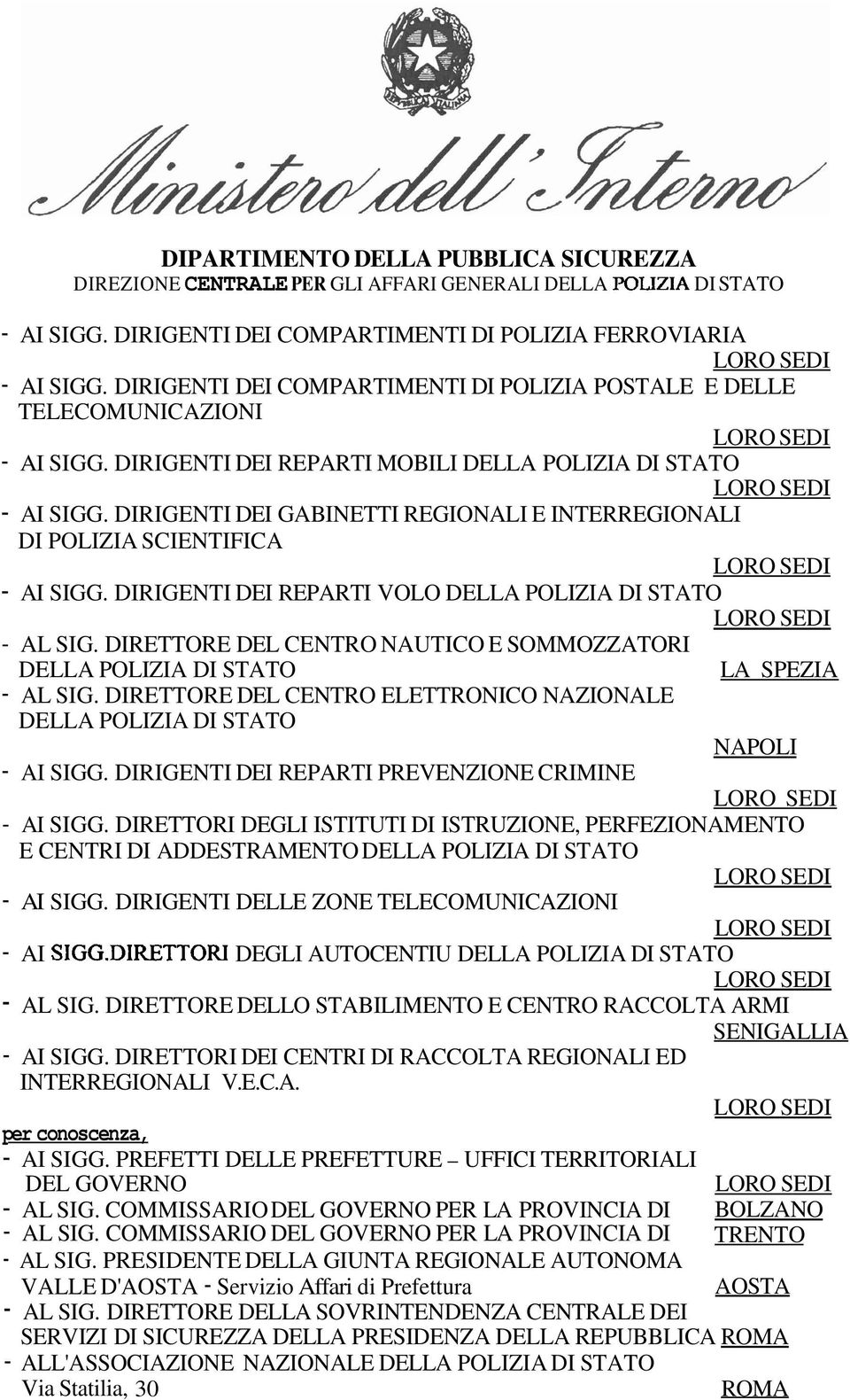 DIRIGENTI DEI GABINETTI REGIONALI E INTERREGIONALI DI POLIZIA SCIENTIFICA - AI SIGG. DIRIGENTI DEI REPARTI VOLO DELLA POLIZIA DI STATO - AL SIG.