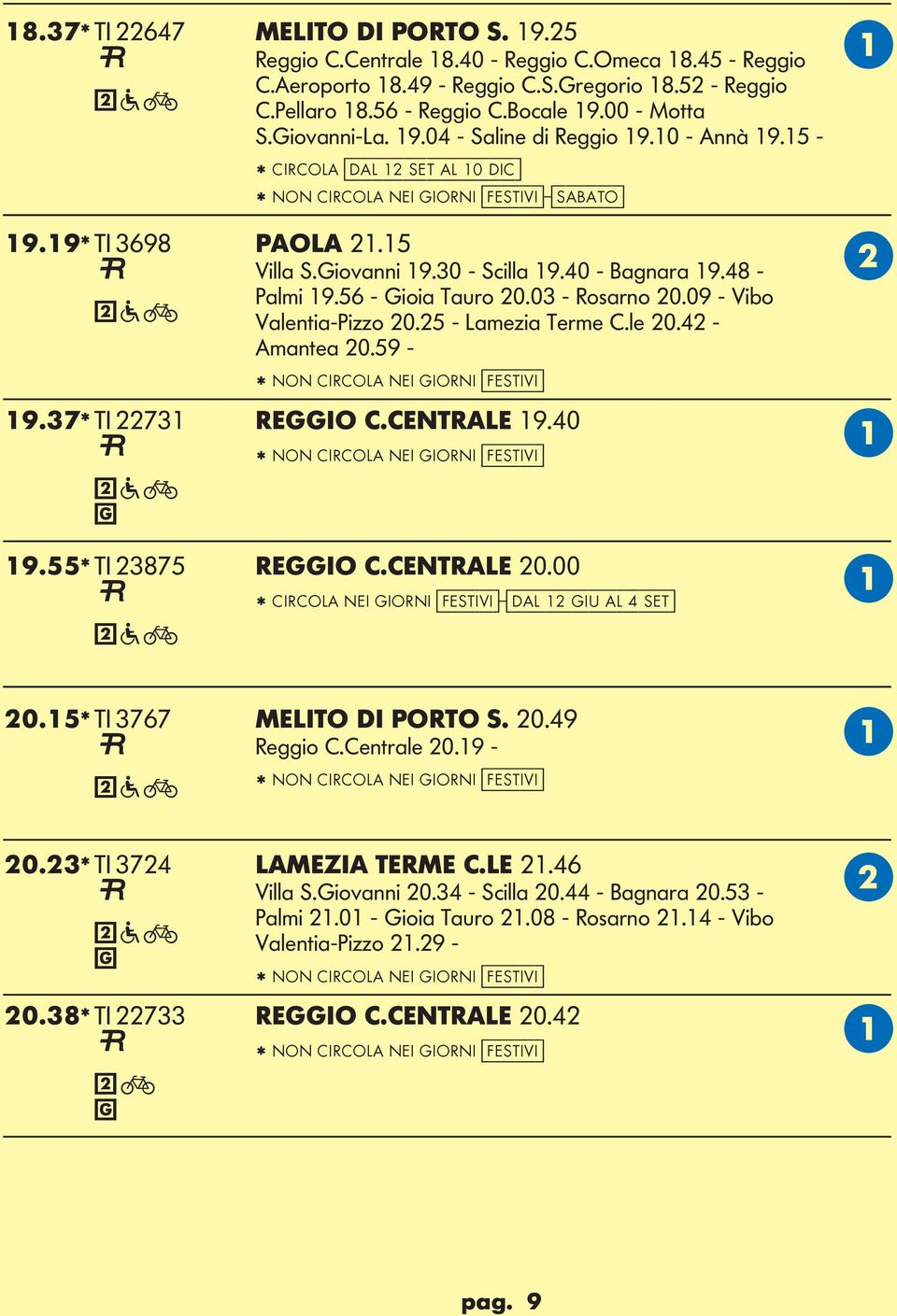 40 - Bagnara 19.48 - B Palmi 19.56 - ioia Tauro 20.03 - Rosarno 20.09 - Vibo Valentia-Pizzo 20.25 - amezia Terme C.le 20.42 - mantea 20.59 - * NON CIRCO NEI IORNI [festivi] 19.37* TI 22731 REIO C.