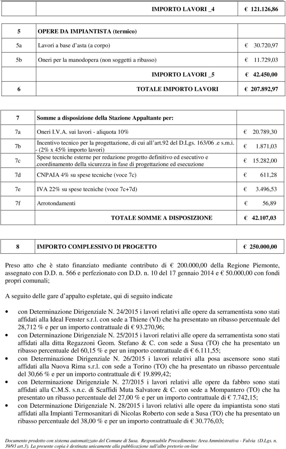 789,30 7b 7c Incentivo tecnico per la progettazione, di cui all art.92 del D.Lgs. 163/06.e s.m.i. - (2% x 45% importo lavori) Spese tecniche esterne per redazione progetto definitivo ed esecutivo e.