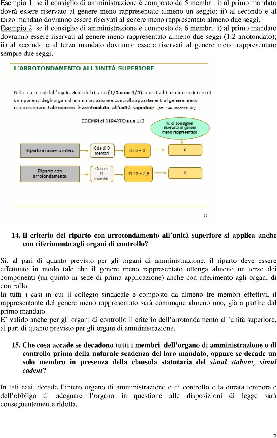 Esempio 2: se il consiglio di amministrazione è composto da 6 membri: i) al primo mandato dovranno essere riservati al genere meno rappresentato almeno due seggi (1,2 arrotondato); ii) al secondo e