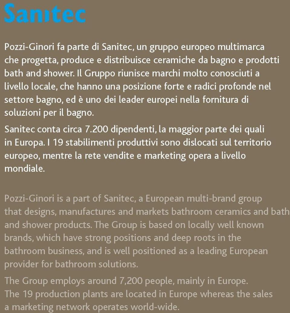 Sanitec conta circa 7.200 dipendenti, la maggior parte dei quali in Europa.