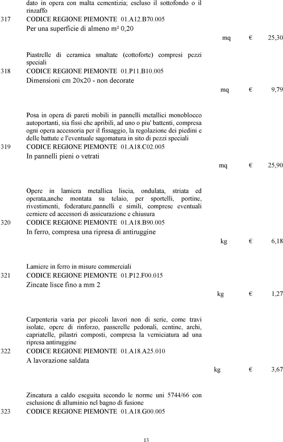 005 Dimensioni cm 20x20 - non decorate mq 25,30 mq 9,79 Posa in opera di pareti mobili in pannelli metallici monoblocco autoportanti, sia fissi che apribili, ad uno o piu' battenti, compresa ogni