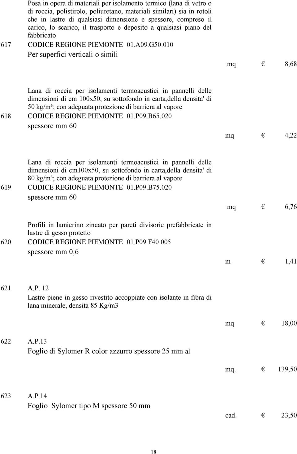 010 Per superfici verticali o simili mq 8,68 Lana di roccia per isolamenti termoacustici in pannelli delle dimensioni di cm 100x50, su sottofondo in carta,della densita' di 50 kg/m³; con adeguata