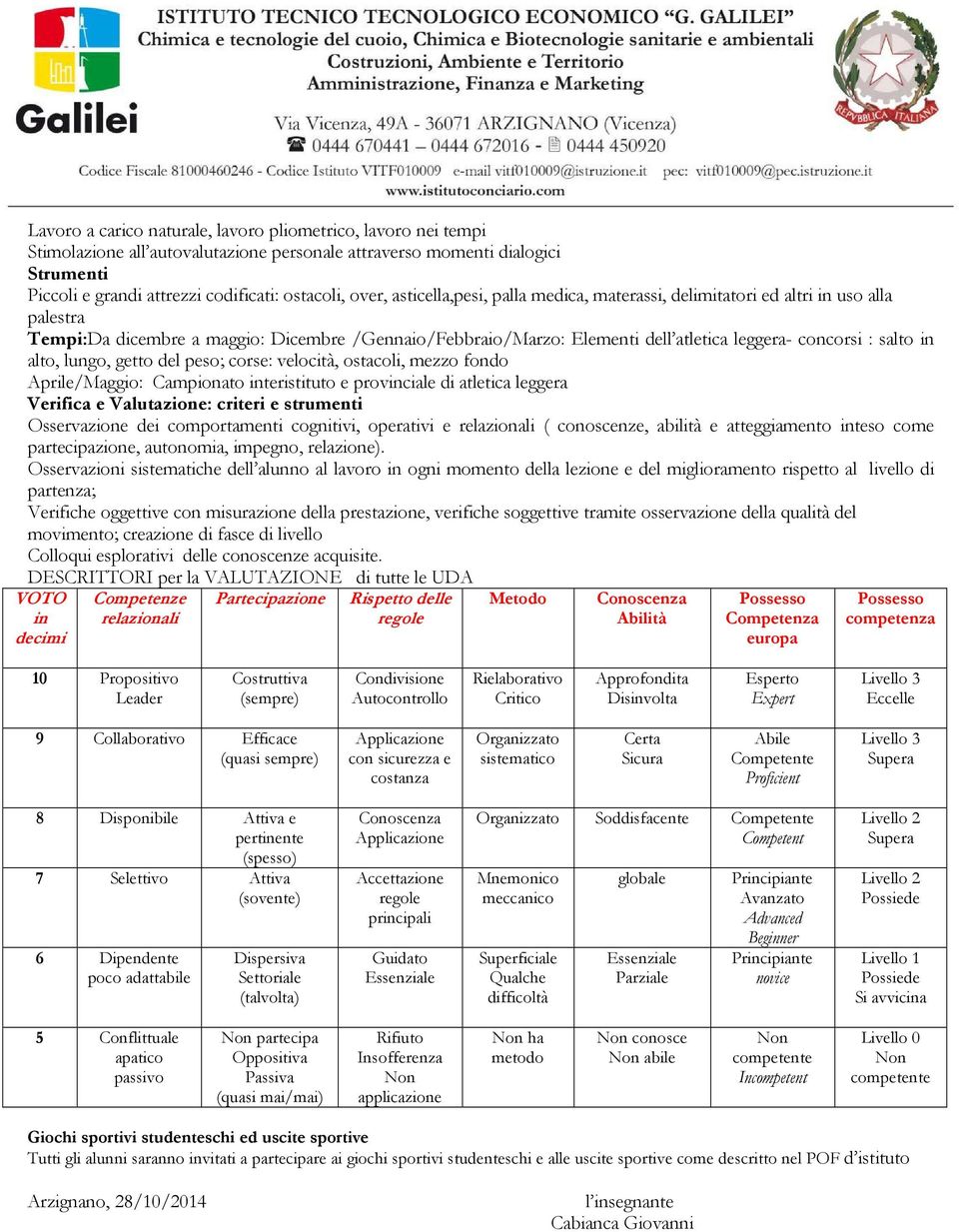 alto, lungo, getto del peso; corse: velocità, ostacoli, mezzo fondo Aprile/Maggio: Campionato interistituto e provinciale di atletica leggera Osservazione dei comportamenti cognitivi, operativi e