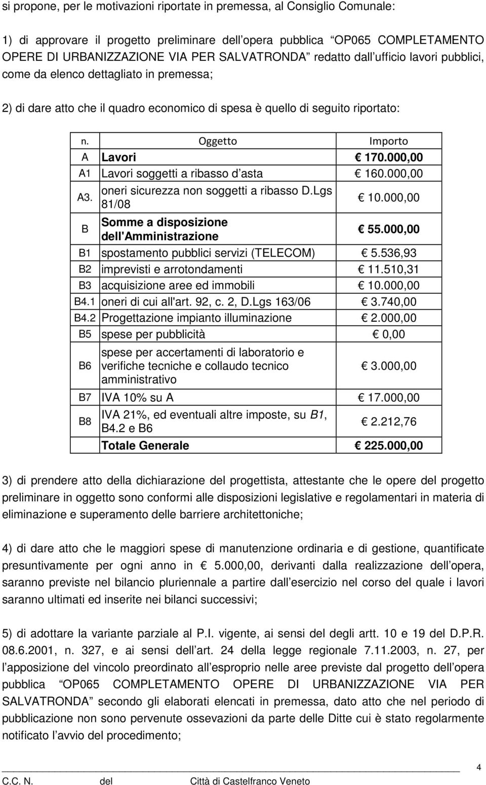 Oggetto Importo A Lavori 170.000,00 A1 Lavori soggetti a ribasso d asta 160.000,00 A3. B oneri sicurezza non soggetti a ribasso D.Lgs 81/08 Somme a disposizione dell'amministrazione 10.000,00 55.