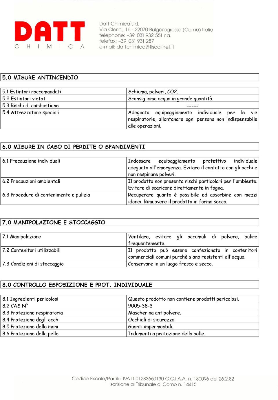 1 Precauzione individuali Indossare equipaggiamento protettivo individuale adeguato all'emergenza. Evitare il contatto con gli occhi e non respirare polveri. 6.