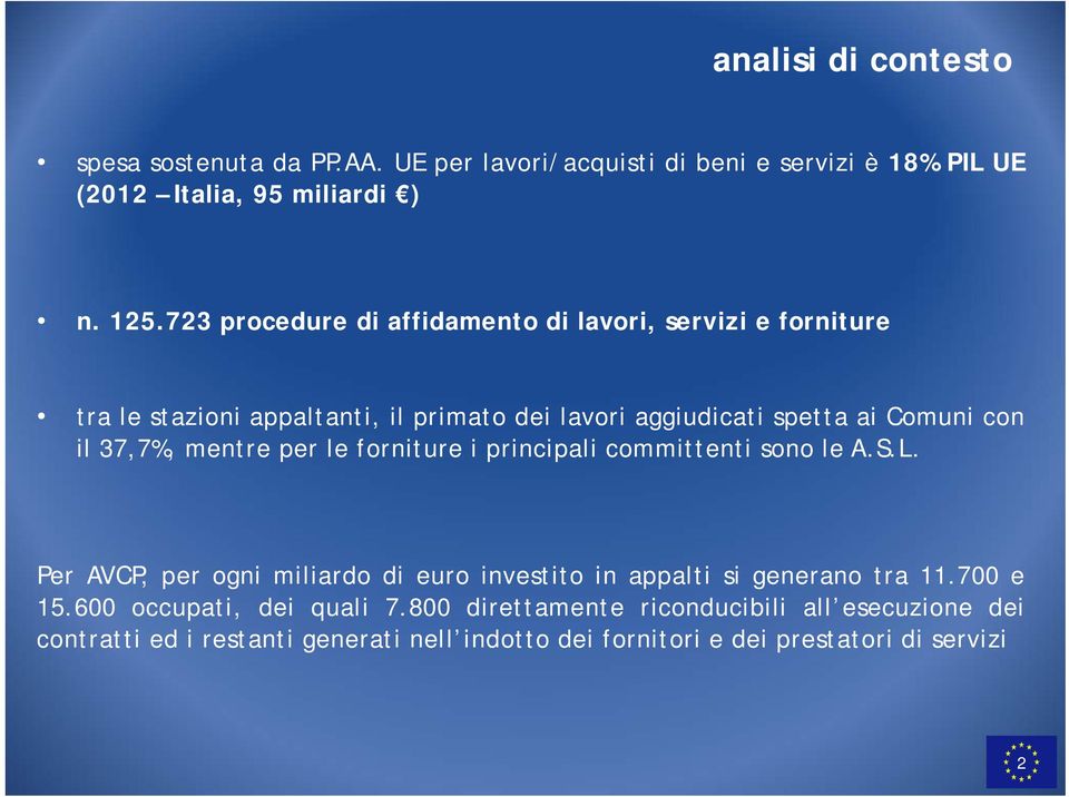 37,7%, mentre per le forniture i principali committenti sono le A.S.L. Per AVCP, per ogni miliardo di euro investito in appalti si generano tra 11.