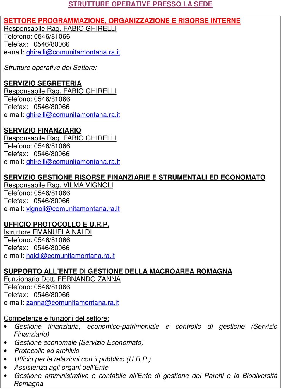 FABIO GHIRELLI e-mail: ghirelli@comunitamontana.ra.it SERVIZIO GESTIONE RISORSE FINANZIARIE E STRUMENTALI ED ECONOMATO Responsabile Rag. VILMA VIGNOLI e-mail: vignoli@comunitamontana.ra.it UFFICIO PROTOCOLLO E U.