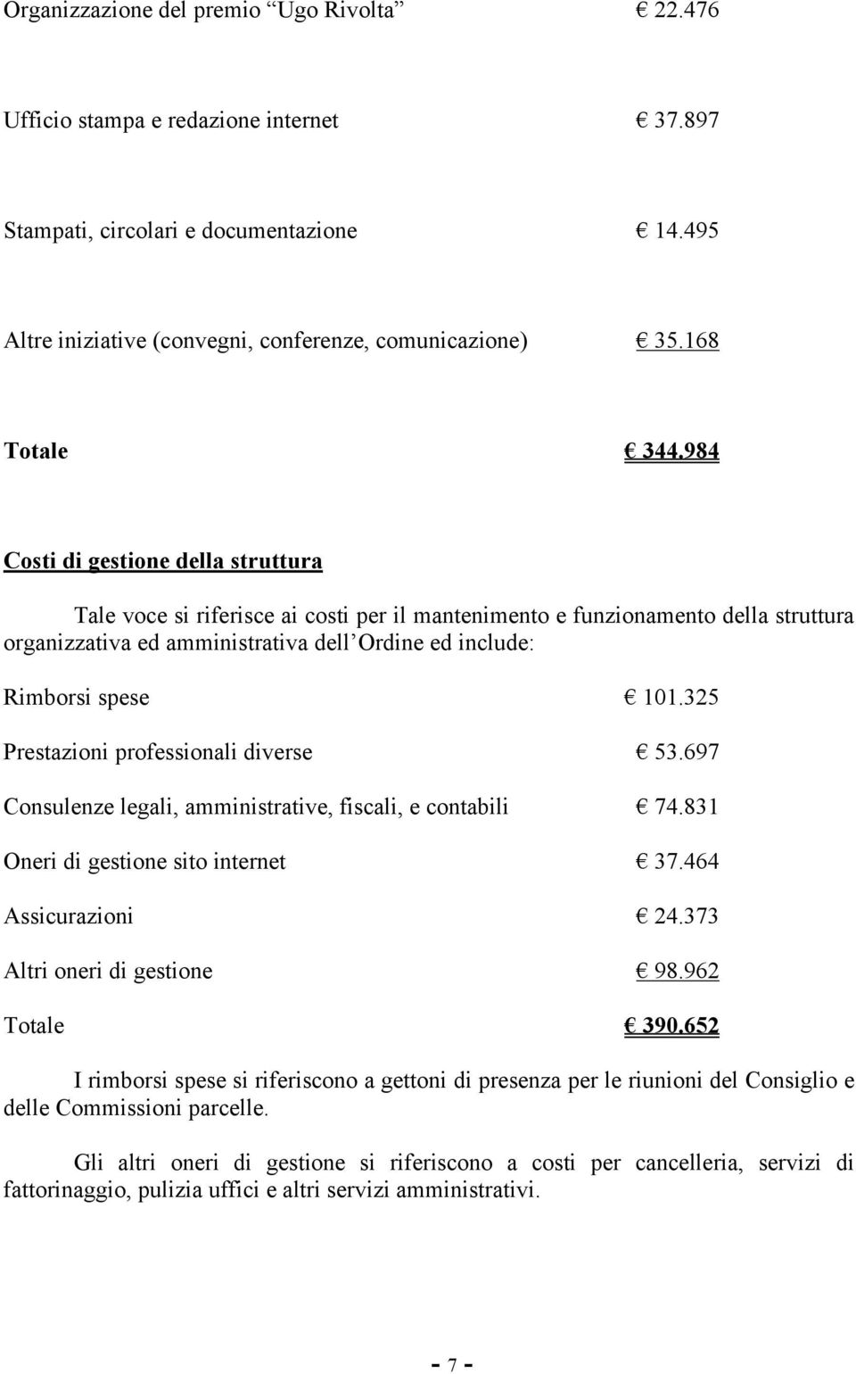 984 Costi di gestione della struttura Tale voce si riferisce ai costi per il mantenimento e funzionamento della struttura organizzativa ed amministrativa dell Ordine ed include: Rimborsi spese 101.