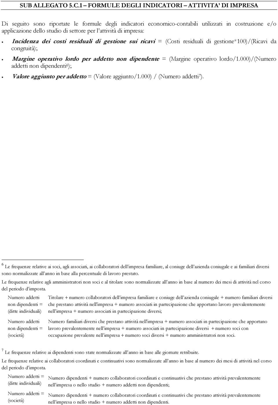 attività di impresa: Incidenza dei costi residuali di gestione sui ricavi = (Costi residuali di gestione*100)/(ricavi da congruità); Margine operativo lordo per addetto non dipendente = (Margine