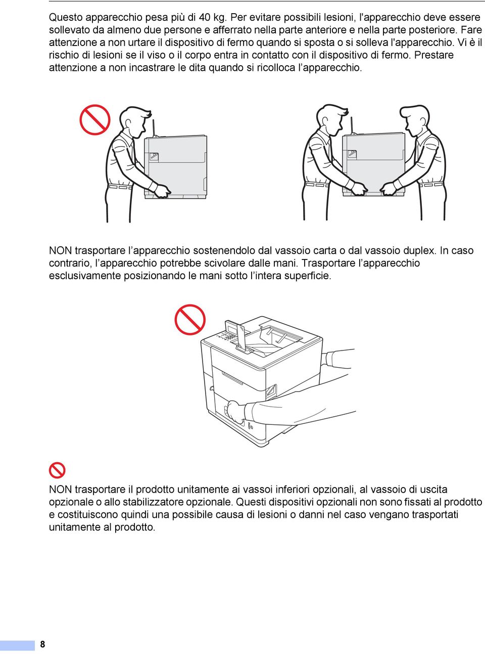 Prestare attenzione a non incastrare le dita quando si ricolloca l apparecchio. NON trasportare l apparecchio sostenendolo dal vassoio carta o dal vassoio duplex.