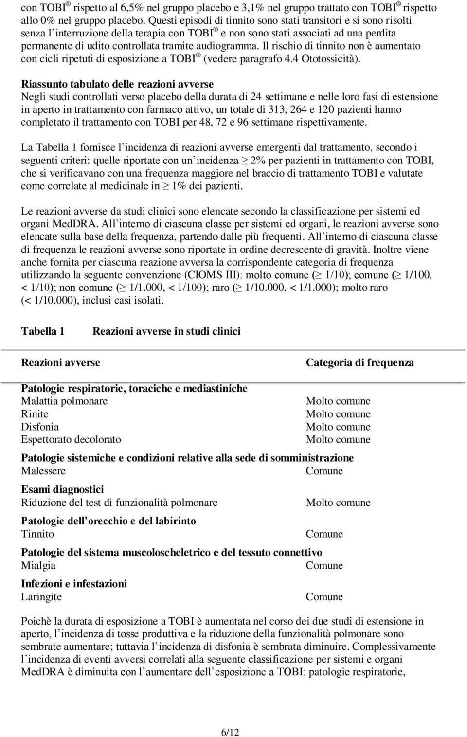 audiogramma. Il rischio di tinnito non è aumentato con cicli ripetuti di esposizione a TOBI (vedere paragrafo 4.4 Ototossicità).