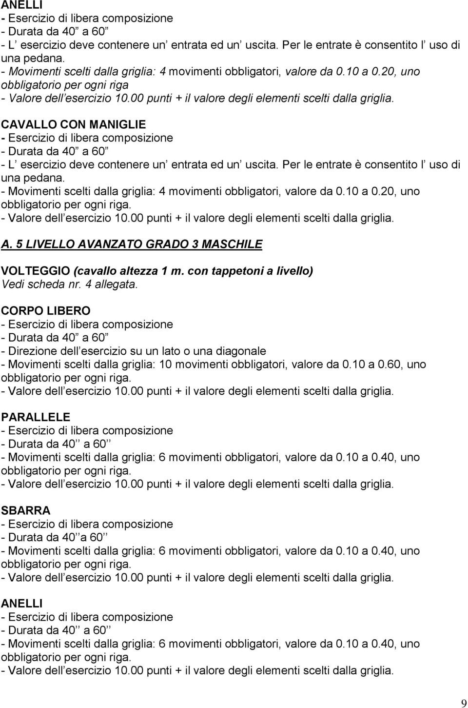 20, uno obbligatorio per ogni riga CAVALLO CON MANIGLIE - Durata da 40 a 60 - L esercizio deve contenere un entrata ed un uscita. Per le entrate è consentito l uso di una pedana. 20, uno A.