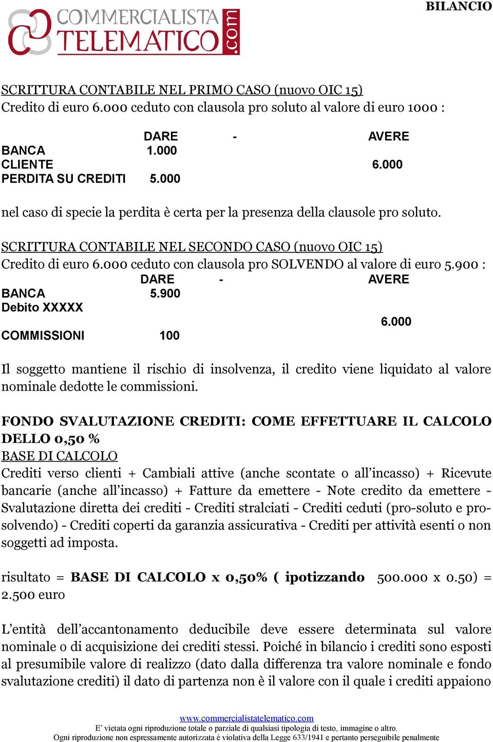 000 ceduto con clausola pro SOLVENDO al valore di euro 5.900 : DARE - AVERE BANCA 5.900 Debito XXXXX 6.