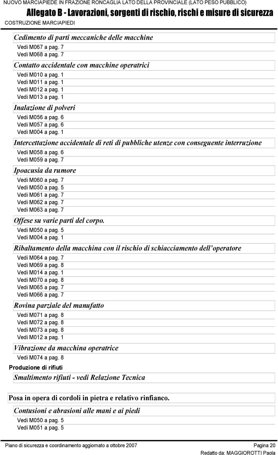 7 Offese su varie parti del corpo. Vedi M004 a pag. 1 Ribaltamento della macchina con il rischio di schiacciamento dell operatore Vedi M064 a pag. 7 Vedi M069 a pag. 8 Vedi M070 a pag.