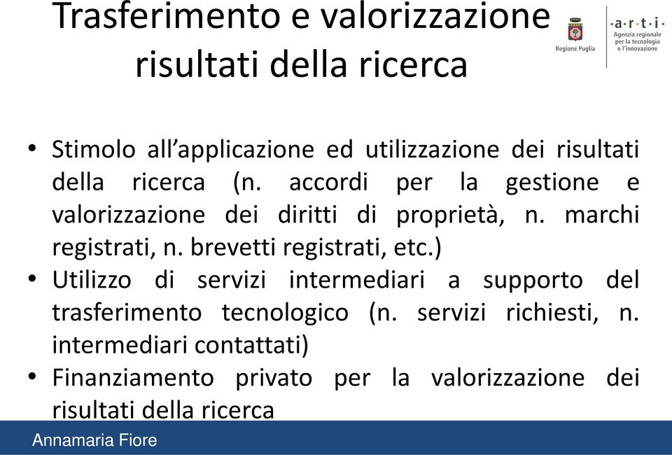 brevetti registrati, etc.) Utilizzo di servizi intermediari a supporto del trasferimento tecnologico (n.