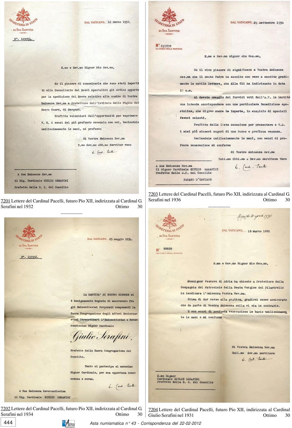 Serafini nel 1936 Ottimo 30 7202 Lettere del Cardinal Pacelli, futuro Pio XII, indirizzata al Cardinal G.