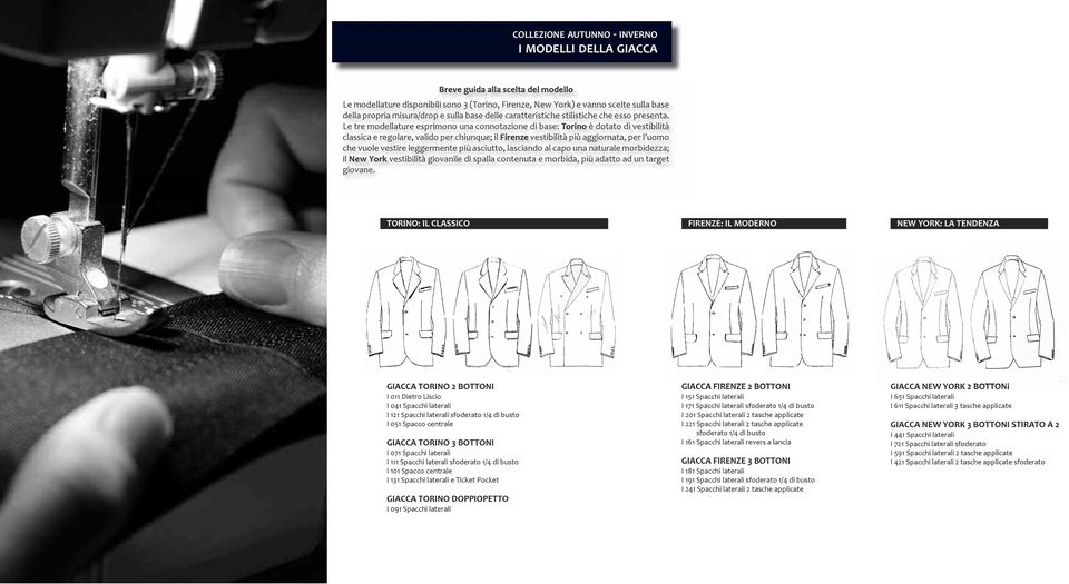 Le tre modellature esprimono una connotazione di base: Torino è dotato di vestibilità classica e regolare, valido per chiunque; il Firenze vestibilità più aggiornata, per l uomo che vuole vestire