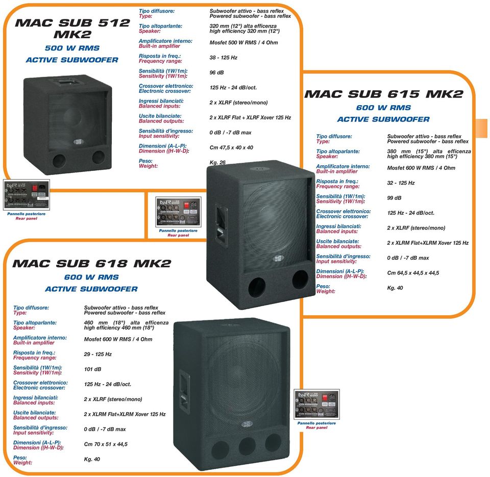 freq.: Frequency range: Sensibilità (1W/1m): Sensitivity (1W/1m): Crossover elettronico: Electronic crossover: Ingressi bilanciati: Balanced inputs: Uscite bilanciate: Balanced outputs: Sensibilità d