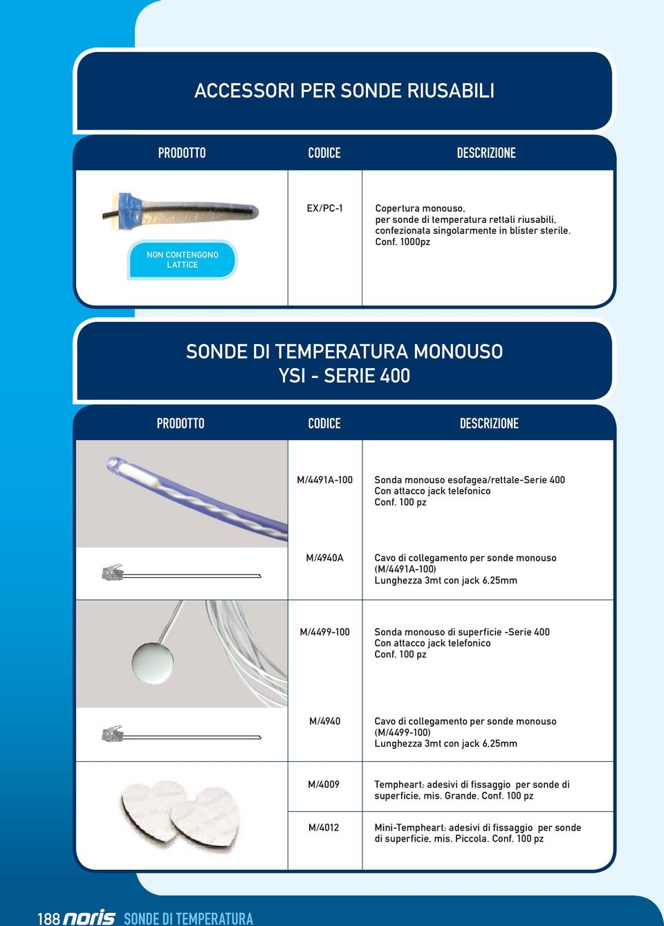 100 pz M/4940 Cavo di collegamento per sonde monouso (M/4491-100) Lunghezza 3mt con jack 6,25mm M/4499-100 Sonda monouso di superficie -Serie 400 Con attacco jack telefonico Conf.