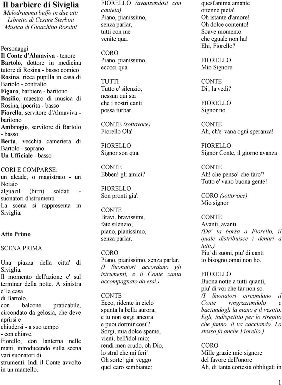 Ambrogio, servitore di Bartolo - basso Berta, vecchia cameriera di Bartolo - soprano Un Ufficiale - basso CORI E COMPARSE: un alcade, o magistrato - un Notaio alguazil (birri) soldati - suonatori