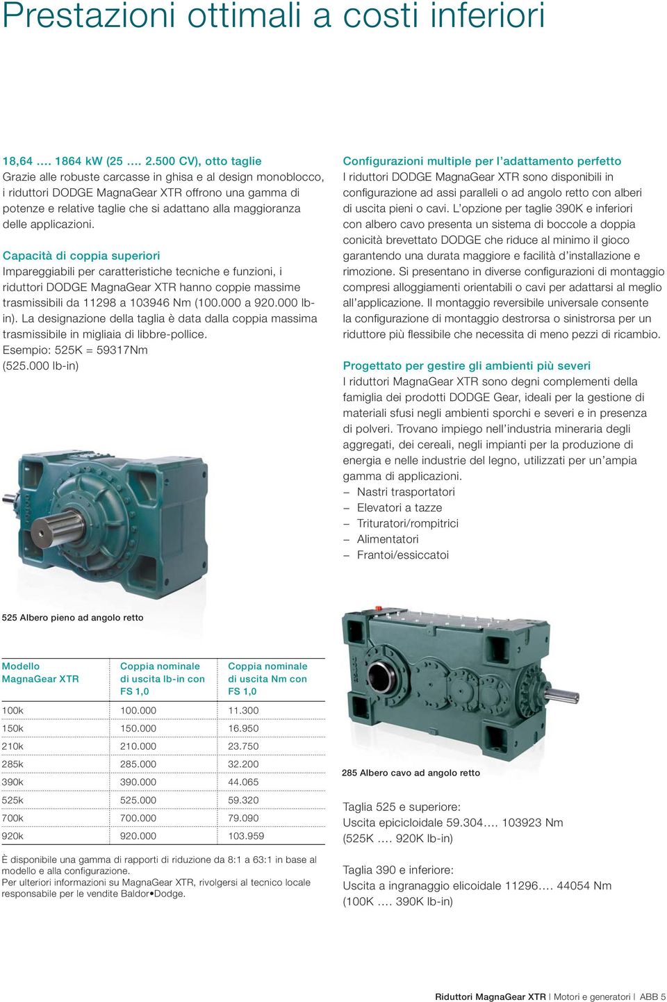 delle applicazioni. Capacità di coppia superiori Impareggiabili per caratteristiche tecniche e funzioni, i riduttori DODGE MagnaGear XTR hanno coppie massime trasmissibili da 11298 a 103946 Nm (100.