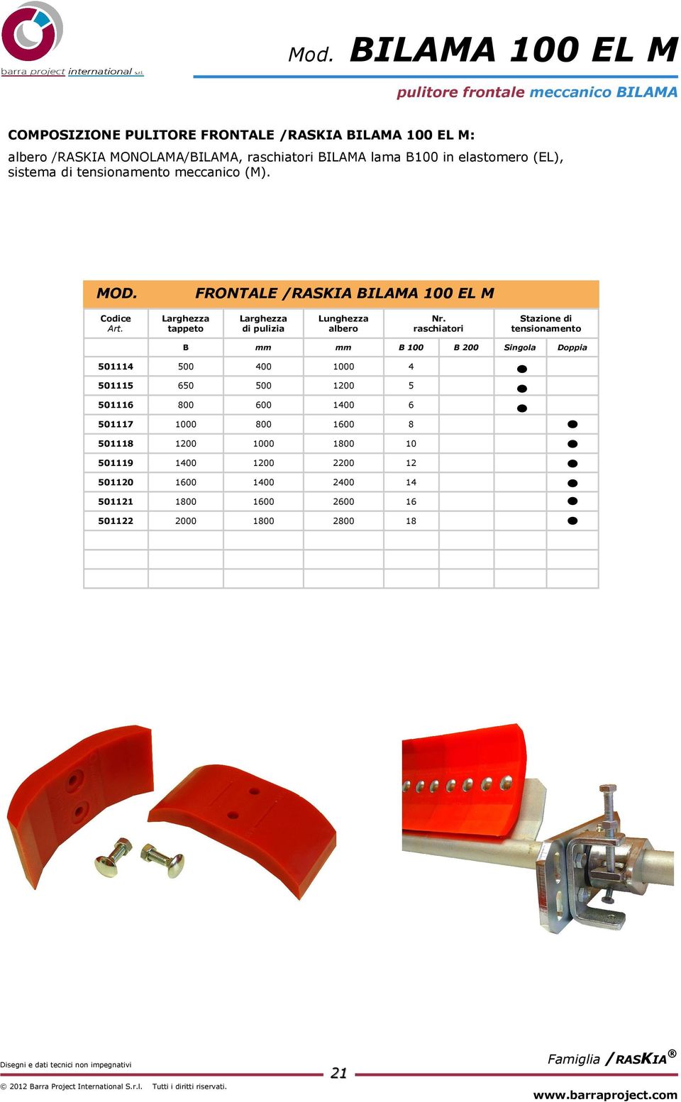 FRONTALE /RASKIA BILAMA 100 EL M tappeto di pulizia B mm mm B 100 B 200 Singola Doppia 501114 500 400 1000 4 501115 650 500