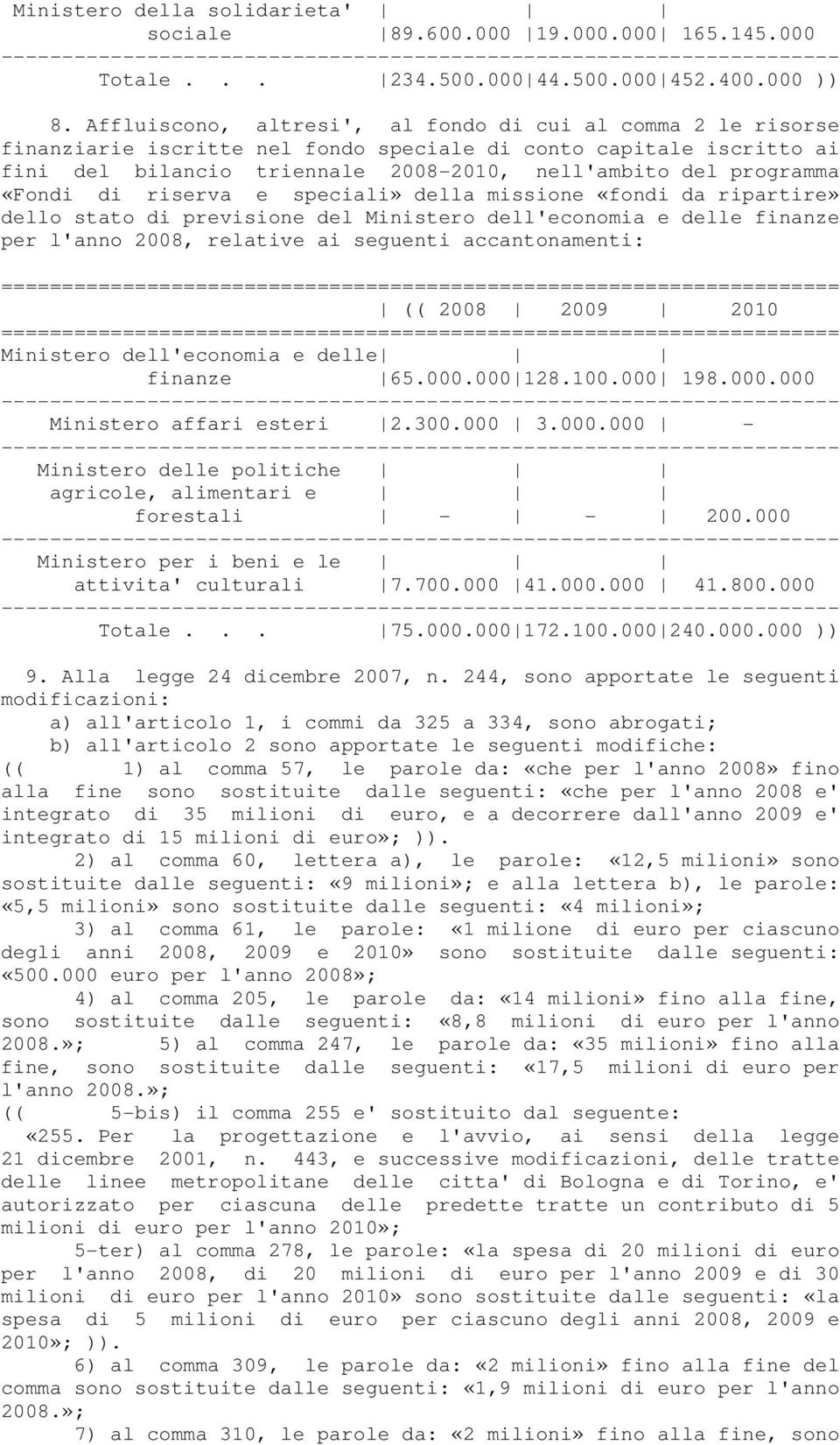 «Fondi di riserva e speciali» della missione «fondi da ripartire» dello stato di previsione del Ministero dell'economia e delle finanze per l'anno 2008, relative ai seguenti accantonamenti: