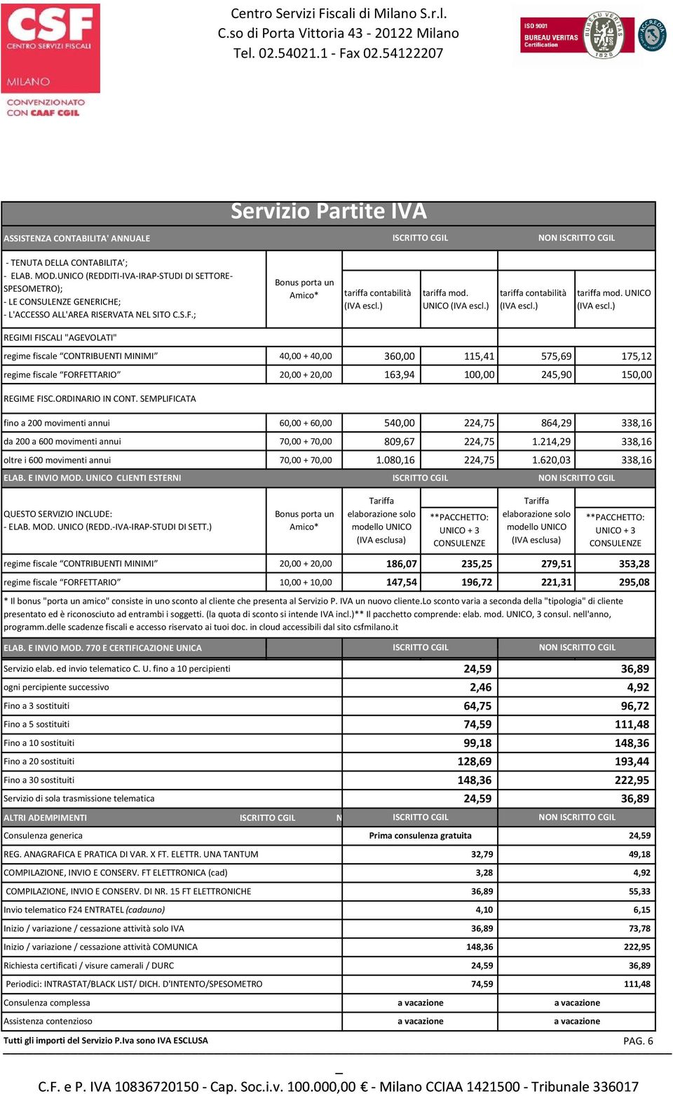 UNICO (IVA escl.) tariffa contabilità (IVA escl.) tariffa mod. UNICO (IVA escl.