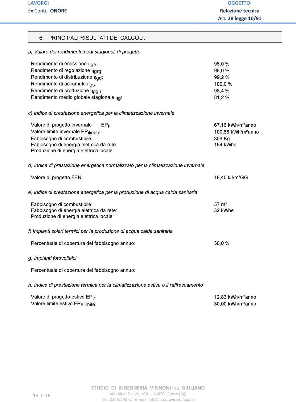 Valore di progetto invernale EPi: 67,16 kwh/m²anno Valore limite invernale EPilimite: 100,68 kwh/m²anno Fabbisogno di combustibile: 356 Kg 184 kwhe d) Indice di prestazione energetica normalizzato