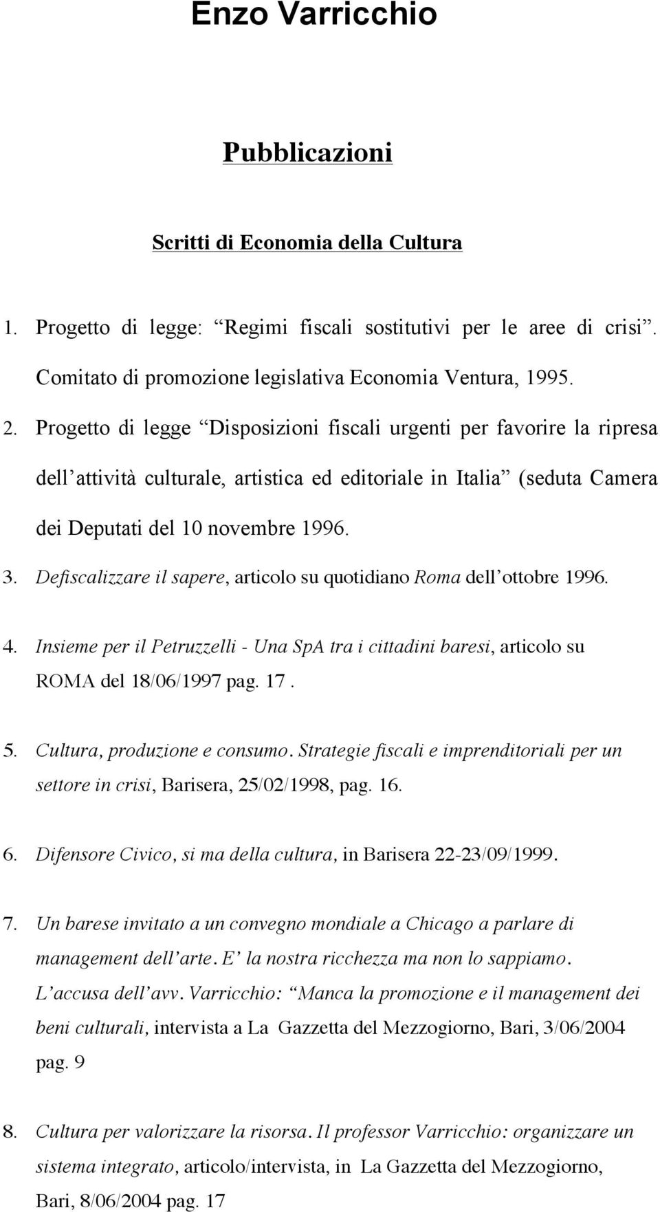 Defiscalizzare il sapere, articolo su quotidiano Roma dell ottobre 1996. 4. Insieme per il Petruzzelli - Una SpA tra i cittadini baresi, articolo su ROMA del 18/06/1997 pag. 17. 5.