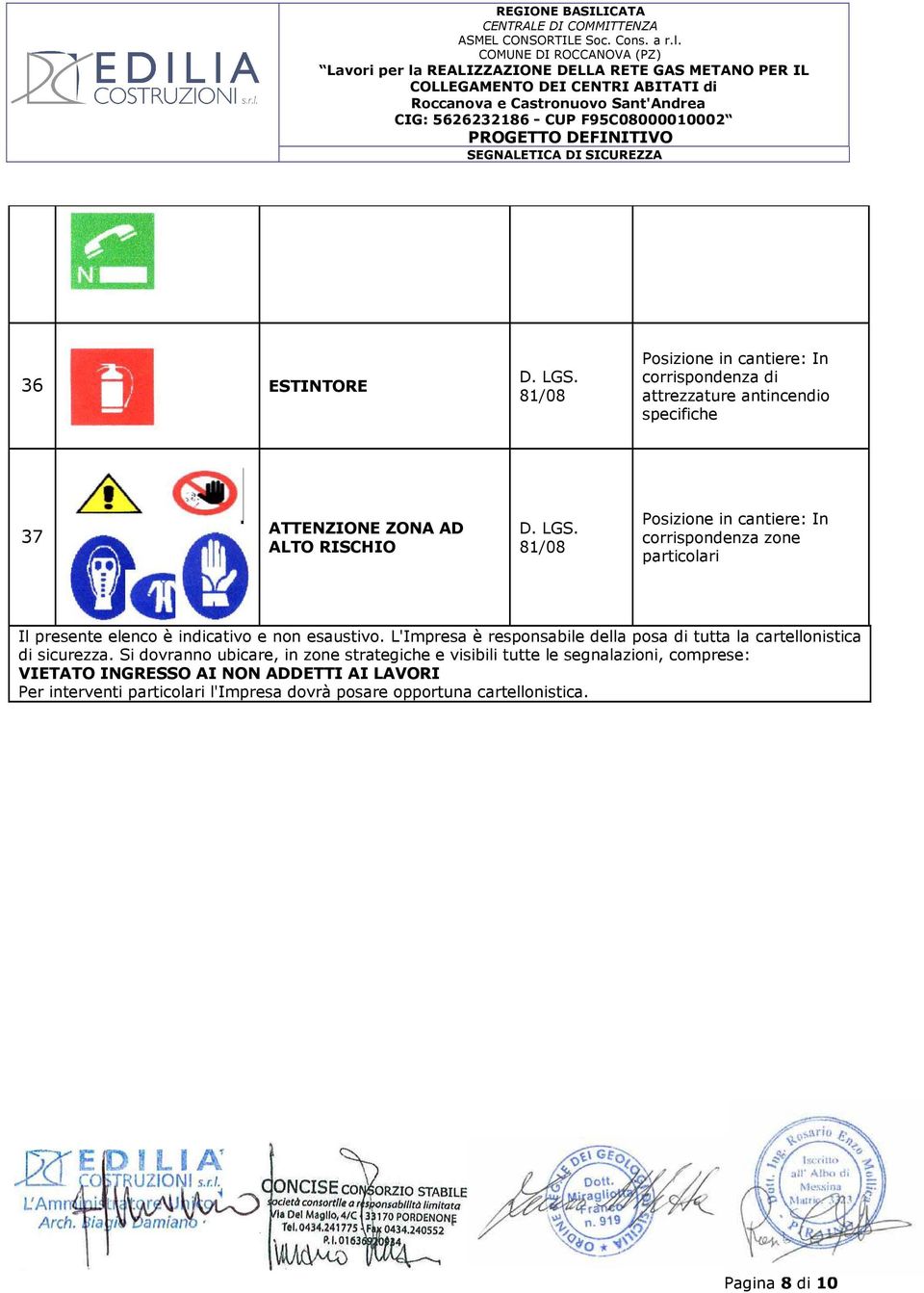 L'Impresa è responsabile della posa di tutta la cartellonistica di sicurezza.